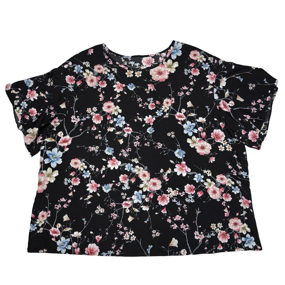 Womens 3X Black Floral Blouse Flowy Short Sleeve Pink Blue Romantic Boho Cottage - Picture 6 of 9